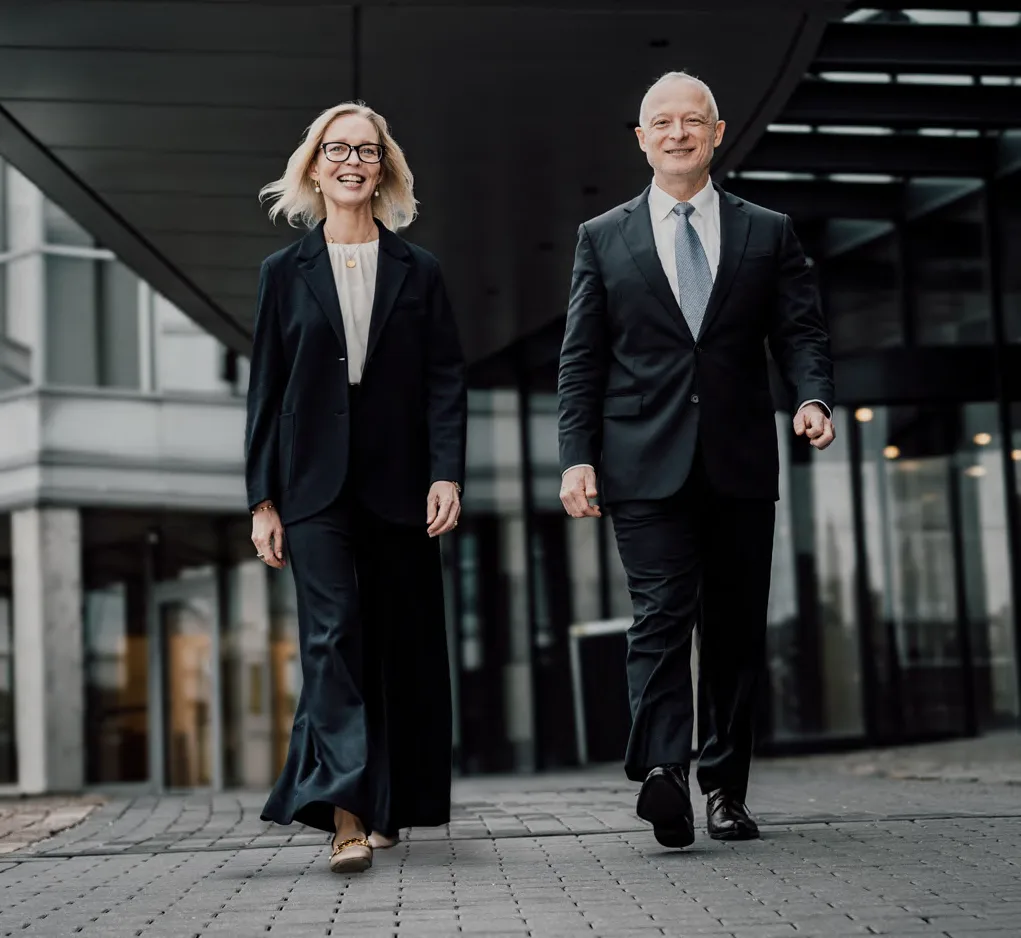 Pernille Erenbjerg, Chair, and Mauricio Quintana, CEO, walking side by side